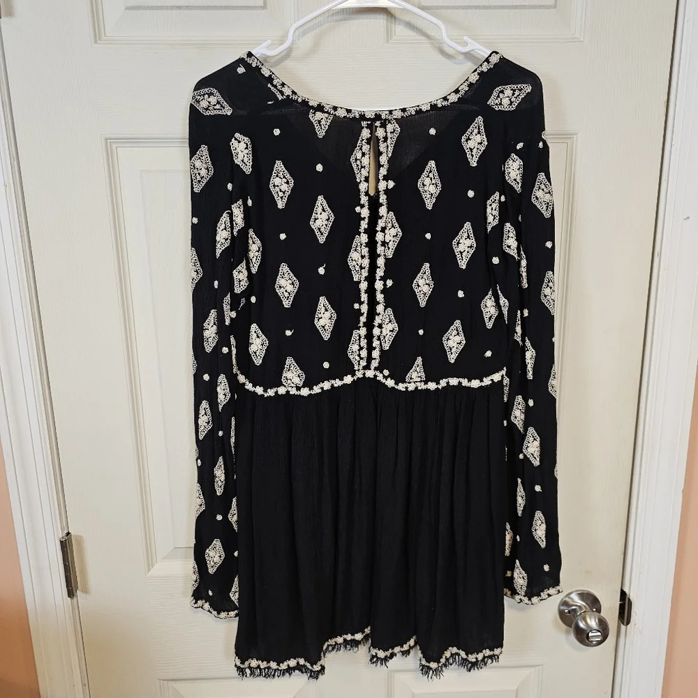 Free People Diamond Embroidered Bell Sleeve Tunic Mini Dress Swing Keyhole